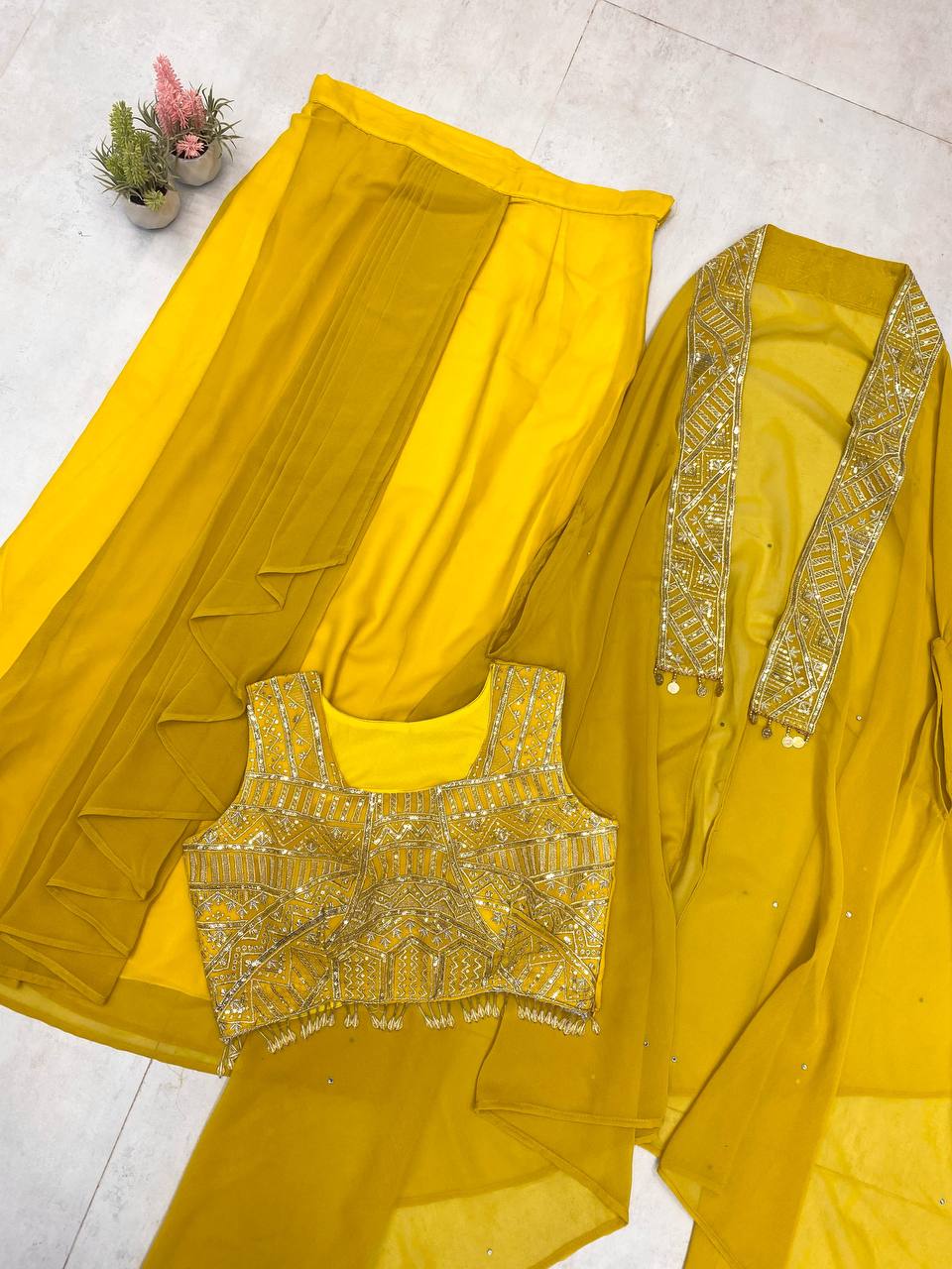 NEW DESIGNER INDO-WESTERN THREE PIECE READY TO WEAR DHOTI SET WITH BLOUSE & KOTI