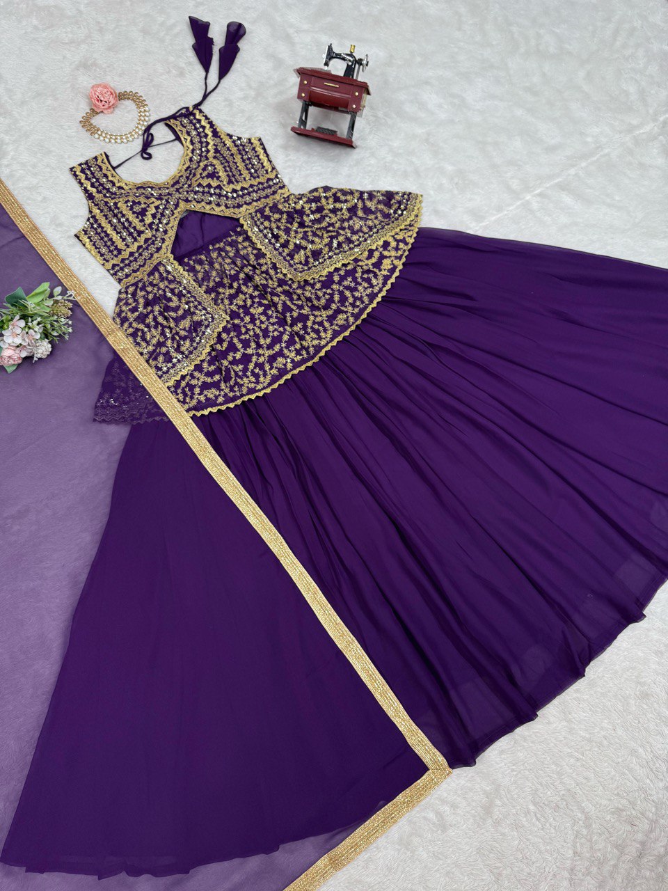 DESIGNER FOUX GEORGETTE LEHENGA SET WITH SEQUINS WORK AND FANCY LACE DUPATTA