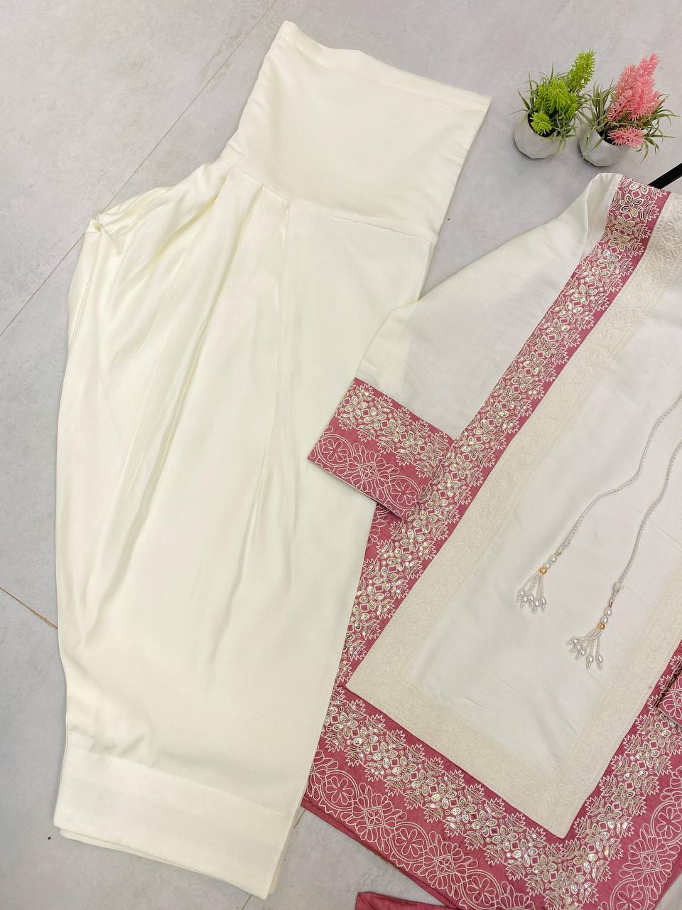 TRENDING ROMAN SILK KURTA AND FARSHI SALWAAR SET WITH EMBROIDERED GEORGETTE DUPATTA