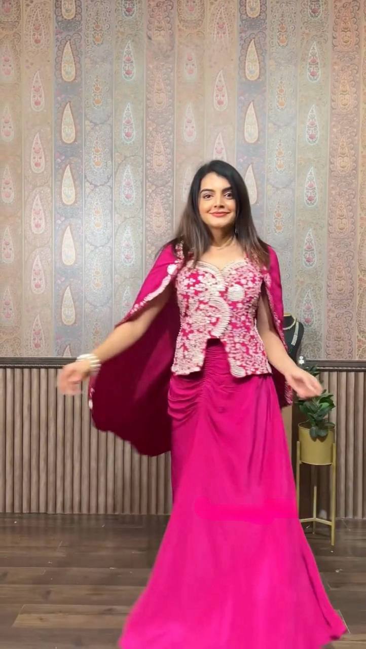 NEW THREE-PIECE INDO-WESTERN READY-TO-WEAR DHOTI SET WITH LONG BLOUSE & EMBROIDERED KOTI