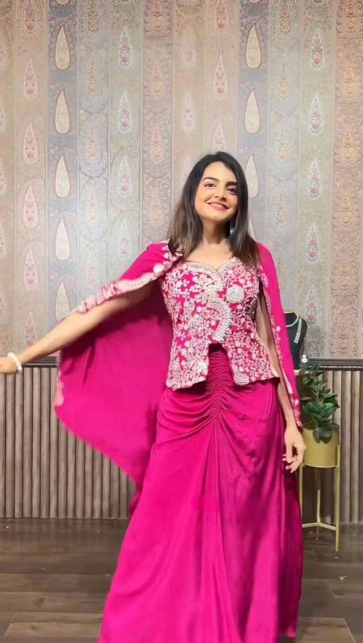 NEW THREE-PIECE INDO-WESTERN READY-TO-WEAR DHOTI SET WITH LONG BLOUSE & EMBROIDERED KOTI