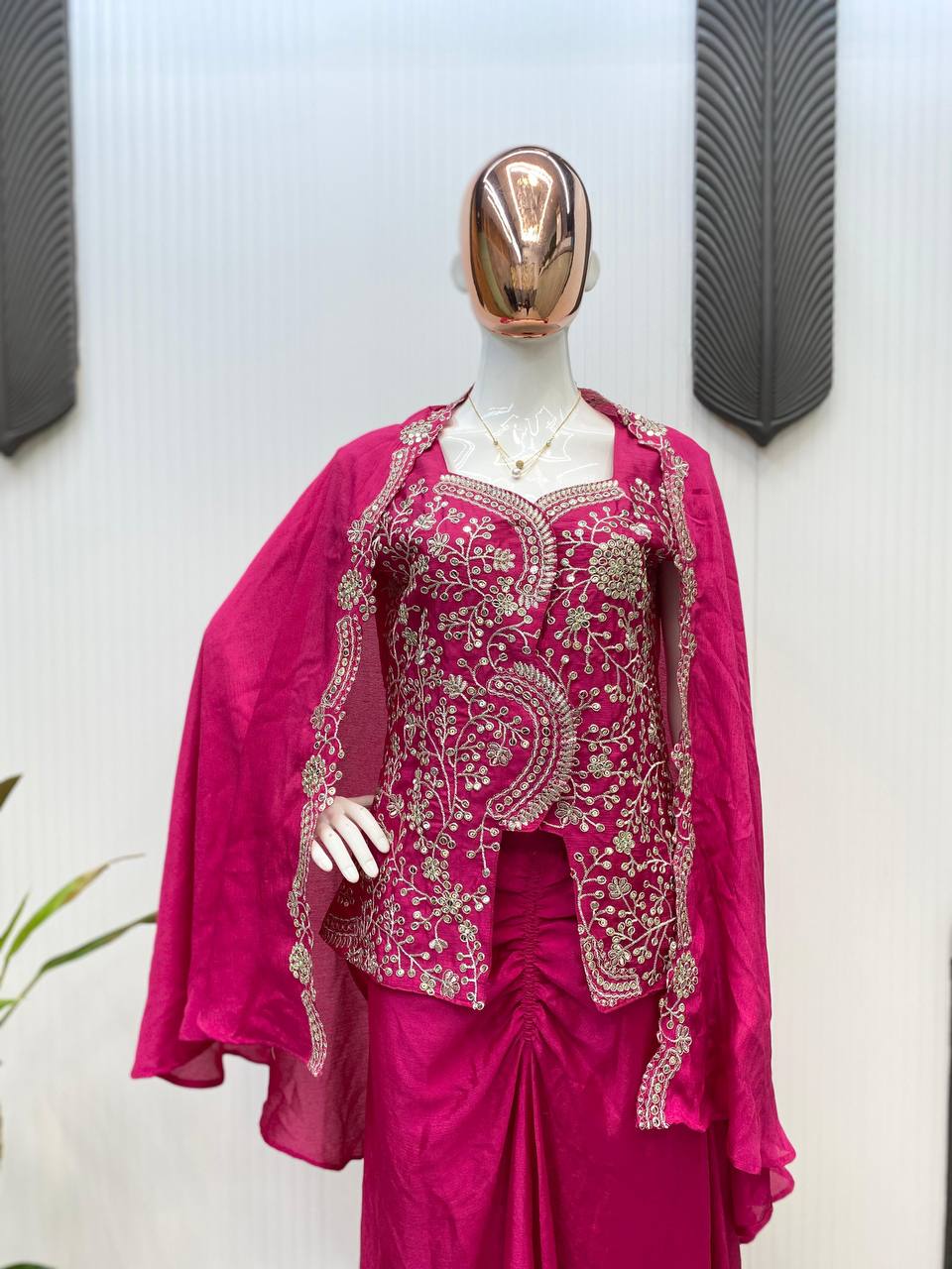 NEW THREE-PIECE INDO-WESTERN READY-TO-WEAR DHOTI SET WITH LONG BLOUSE & EMBROIDERED KOTI