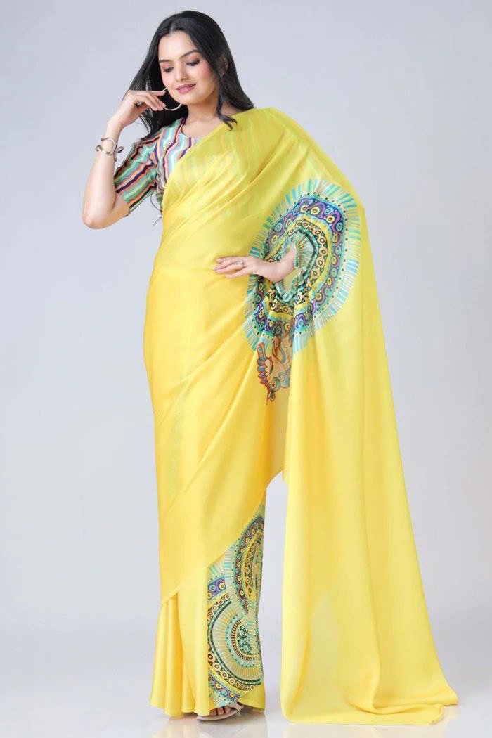 READY-TO-WEAR JAPAN SATIN PRINTED SAREE – MODERN, ELEGANT & AFFORDABLE