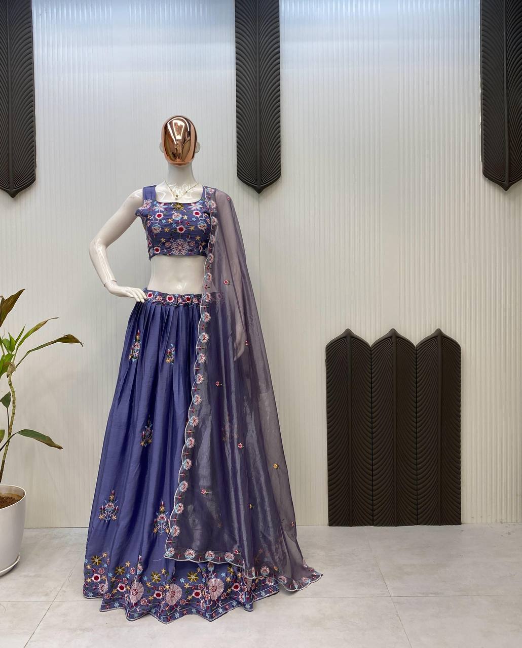 DESIGNER WESTERN STYLE CHINON CO-ORD SET WITH MULTI-THREAD SEQUINS BLAZER, TUBE CHOLI, HEAVY FLAIR SHARARA & DUPATTA
