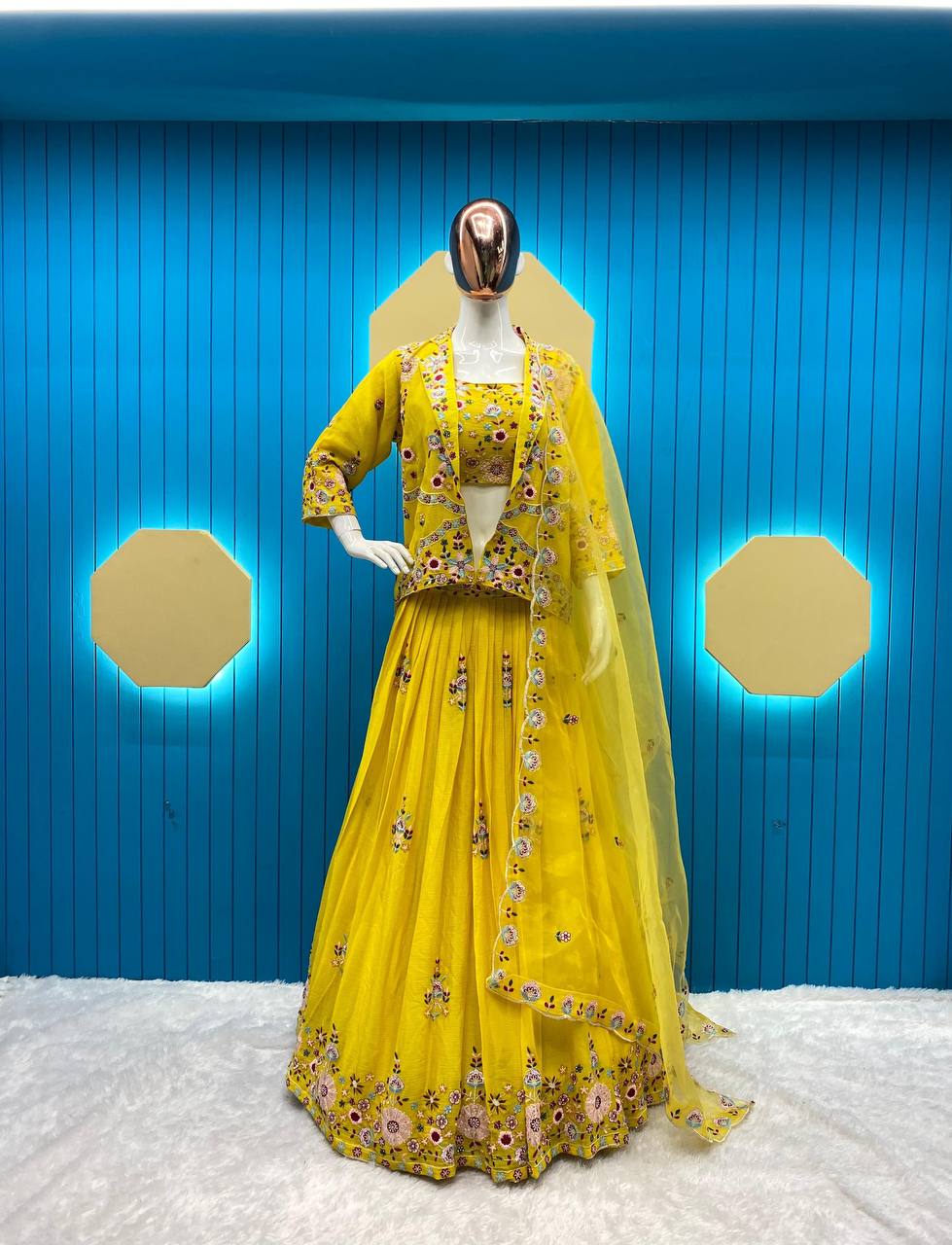 DESIGNER WESTERN STYLE CHINON CO-ORD SET WITH MULTI-THREAD SEQUINS BLAZER, TUBE CHOLI, HEAVY FLAIR SHARARA & DUPATTA