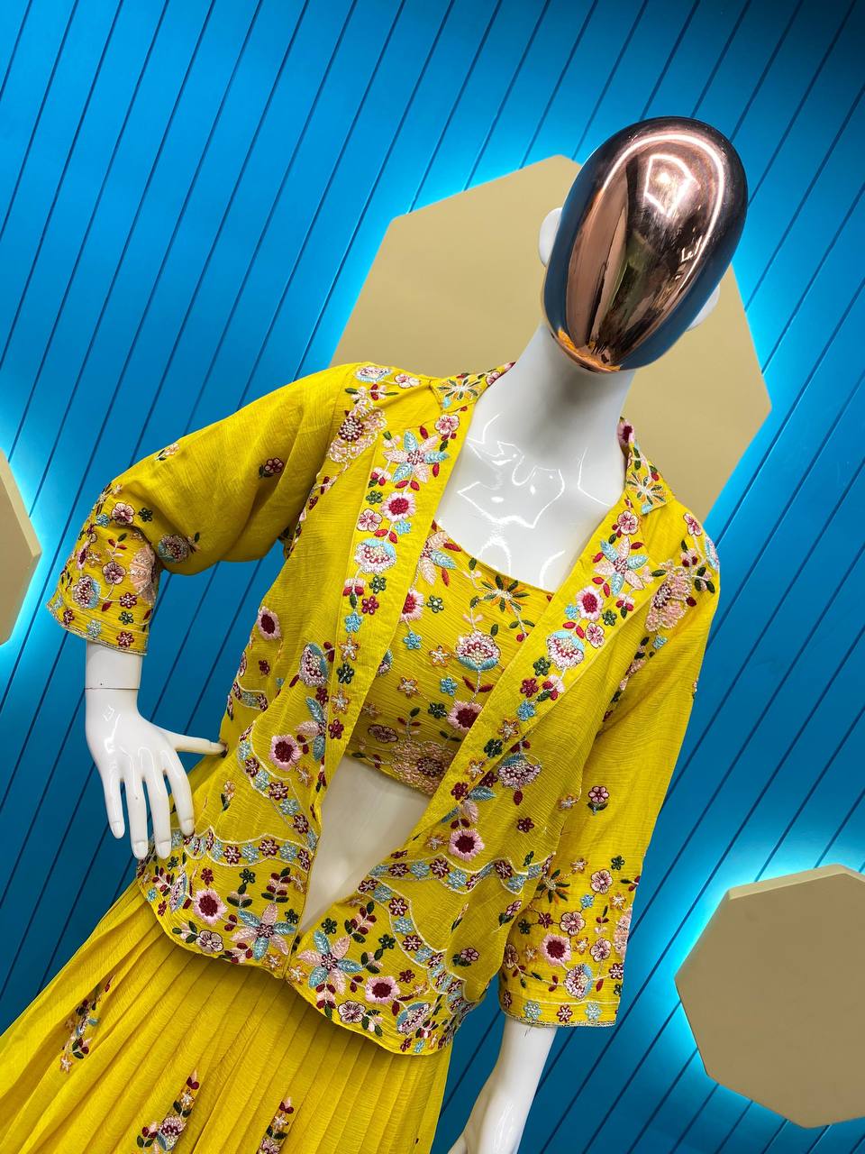 DESIGNER WESTERN STYLE CHINON CO-ORD SET WITH MULTI-THREAD SEQUINS BLAZER, TUBE CHOLI, HEAVY FLAIR SHARARA & DUPATTA
