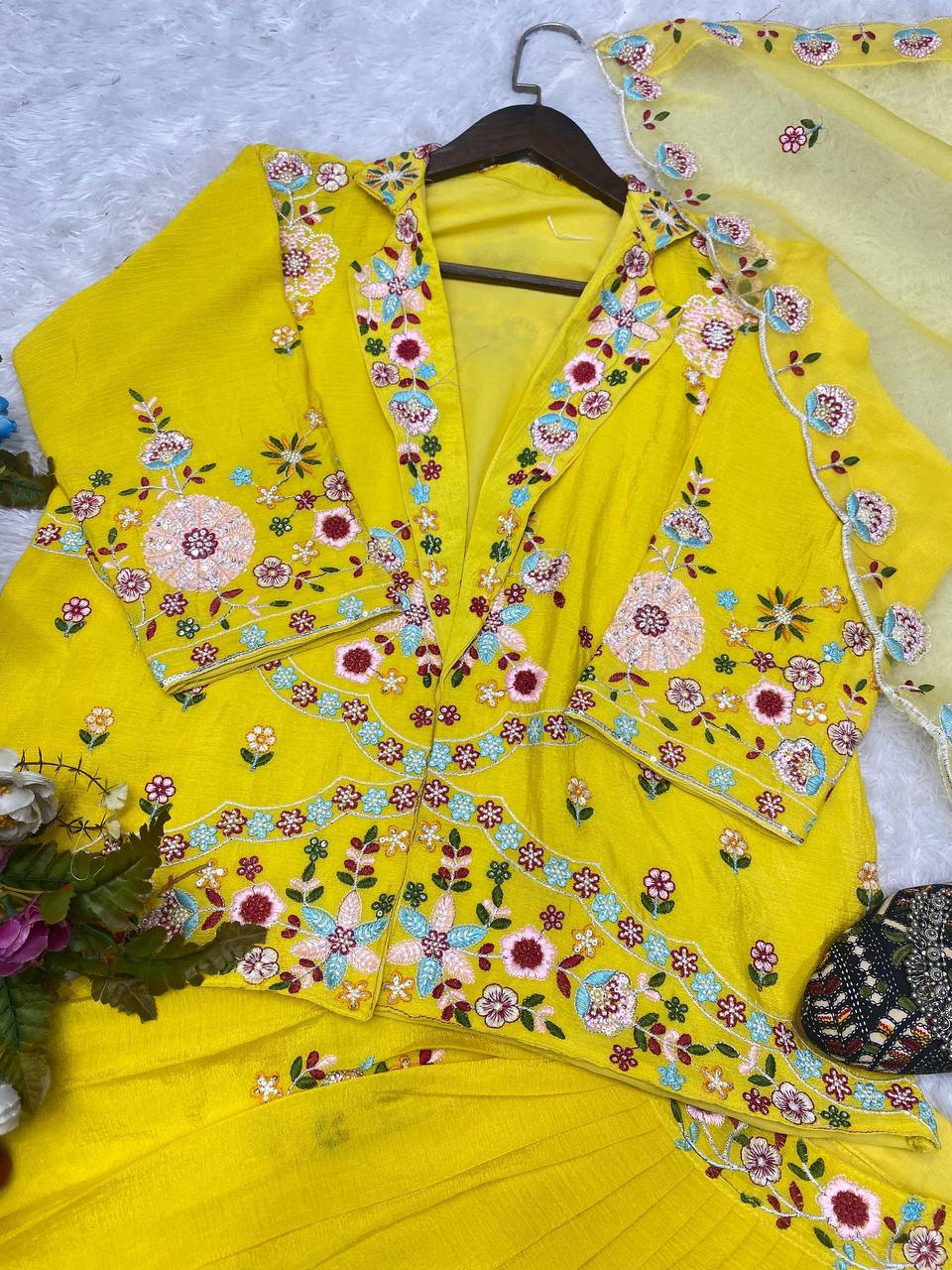 DESIGNER WESTERN STYLE CHINON CO-ORD SET WITH MULTI-THREAD SEQUINS BLAZER, TUBE CHOLI, HEAVY FLAIR SHARARA & DUPATTA
