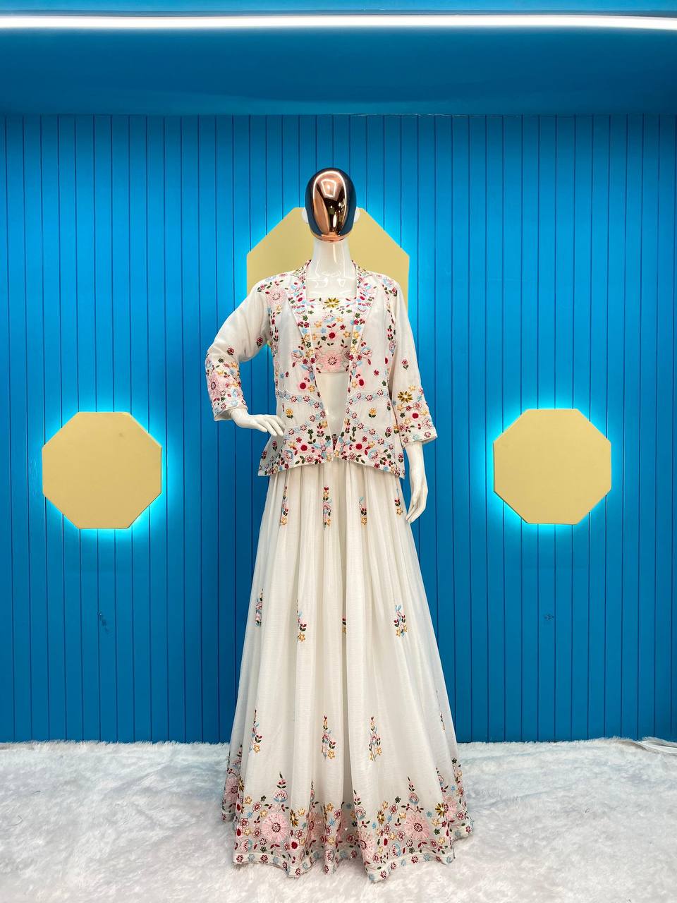 DESIGNER WESTERN STYLE CHINON CO-ORD SET WITH MULTI-THREAD SEQUINS BLAZER, TUBE CHOLI, HEAVY FLAIR SHARARA & DUPATTA