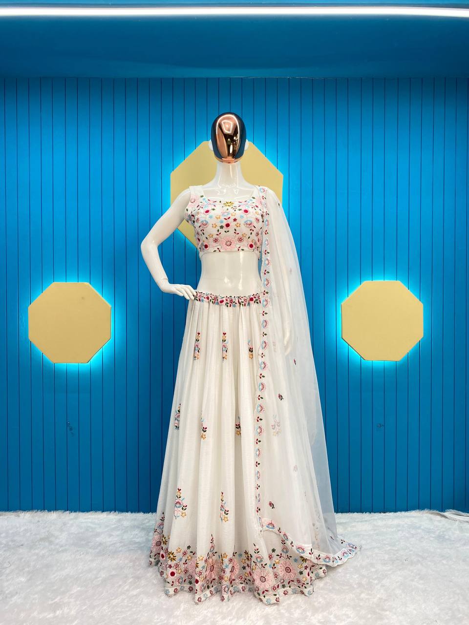 DESIGNER WESTERN STYLE CHINON CO-ORD SET WITH MULTI-THREAD SEQUINS BLAZER, TUBE CHOLI, HEAVY FLAIR SHARARA & DUPATTA