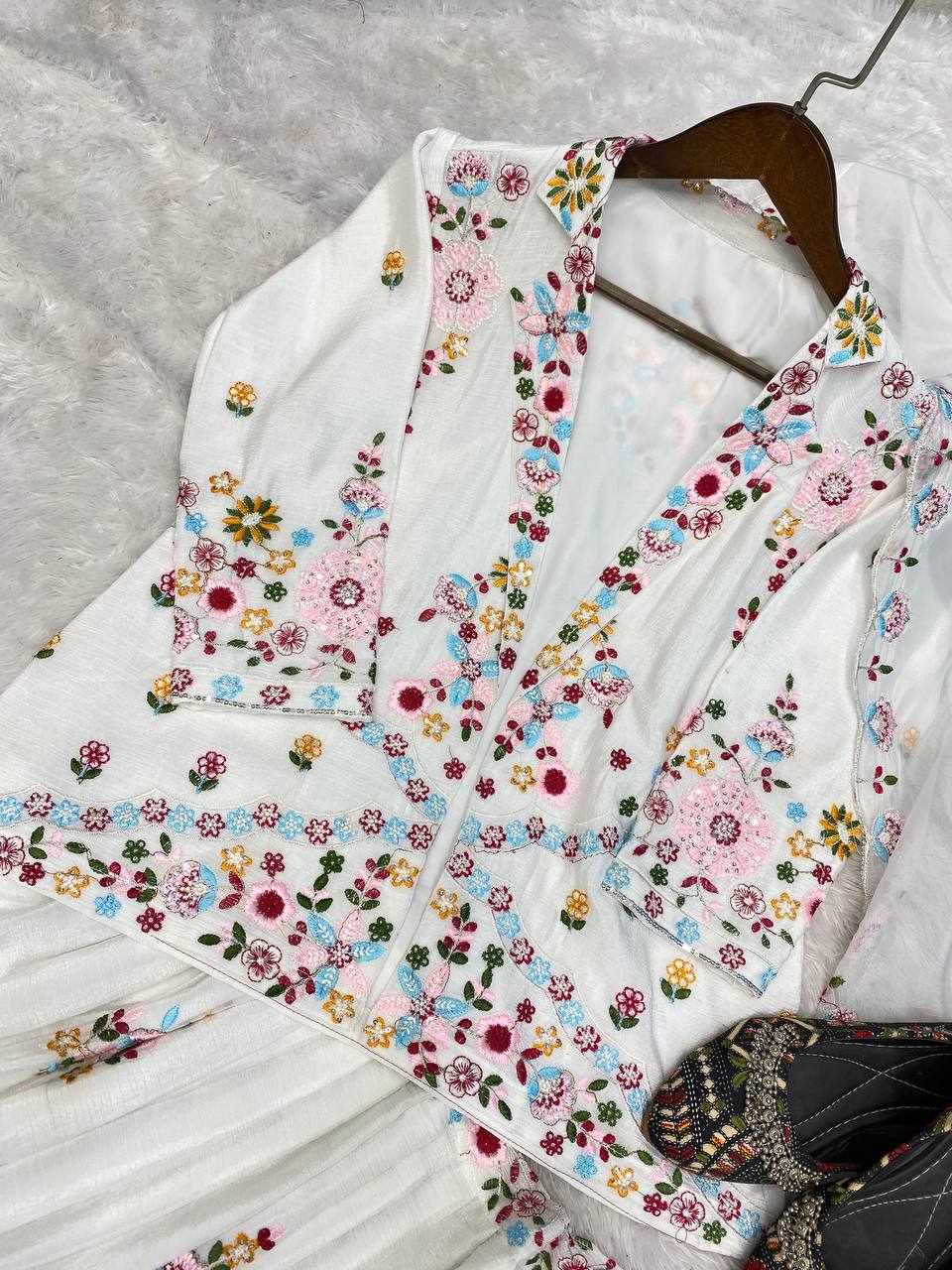 DESIGNER WESTERN STYLE CHINON CO-ORD SET WITH MULTI-THREAD SEQUINS BLAZER, TUBE CHOLI, HEAVY FLAIR SHARARA & DUPATTA