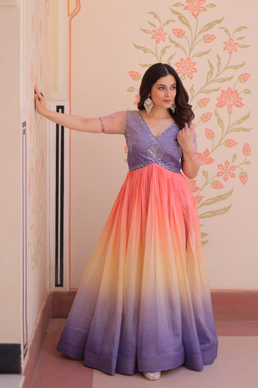ELEGANT GOLD CRUSH GOWN WITH BEADS EMBROIDERY – PERFECT FOR OCCASIONS
