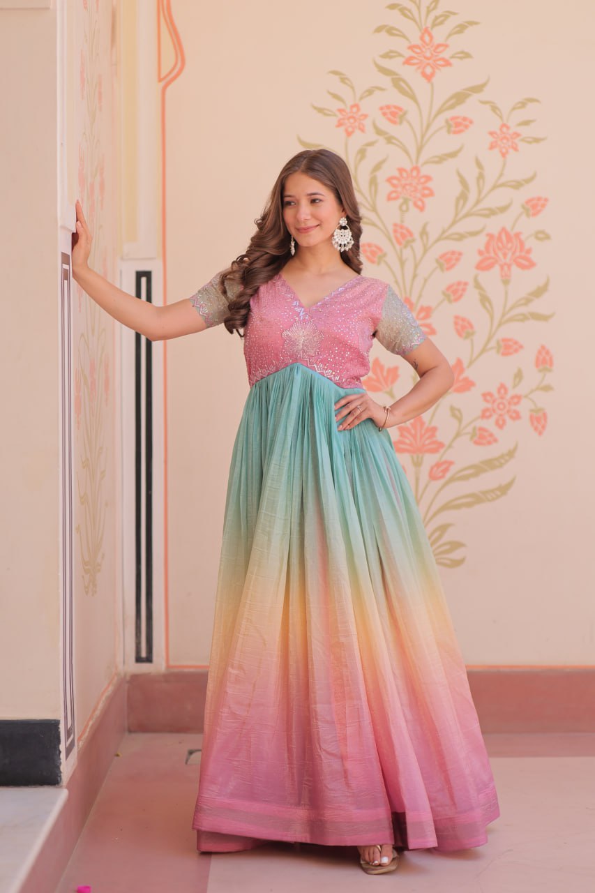 ELEGANT GOLD CRUSH GOWN WITH BEADS EMBROIDERY – PERFECT FOR OCCASIONS