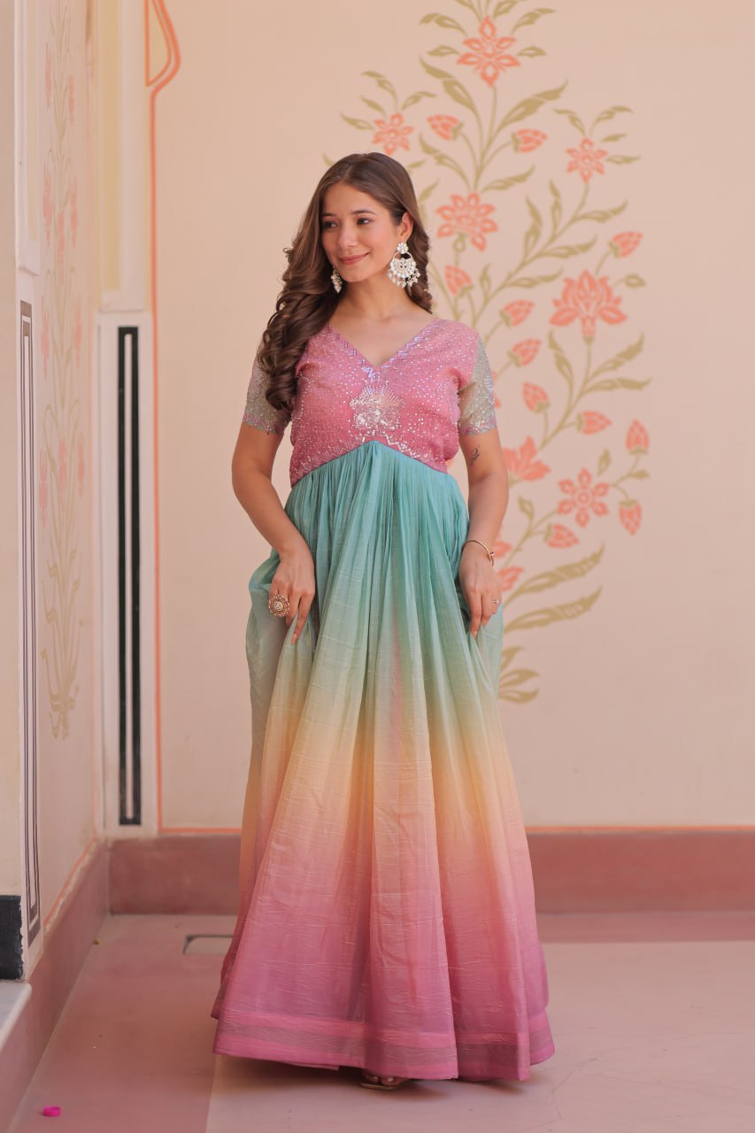ELEGANT GOLD CRUSH GOWN WITH BEADS EMBROIDERY – PERFECT FOR OCCASIONS