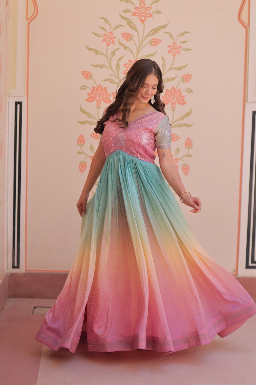 ELEGANT GOLD CRUSH GOWN WITH BEADS EMBROIDERY – PERFECT FOR OCCASIONS