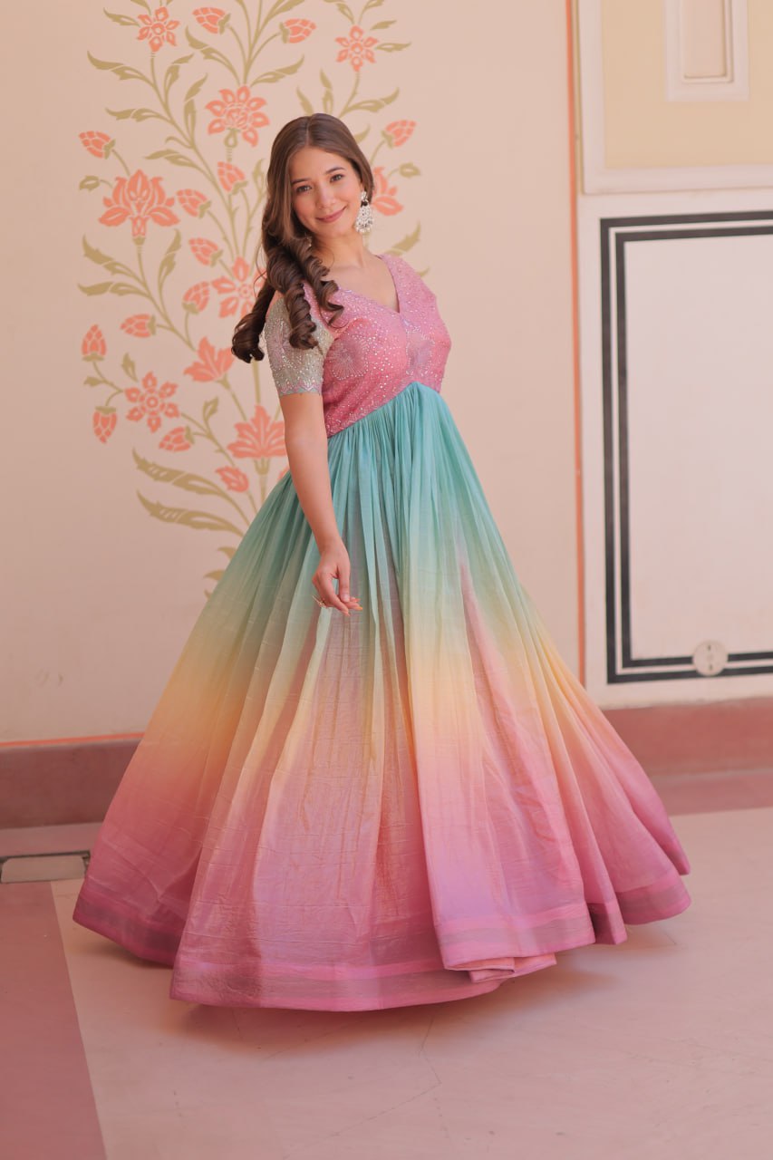 ELEGANT GOLD CRUSH GOWN WITH BEADS EMBROIDERY – PERFECT FOR OCCASIONS