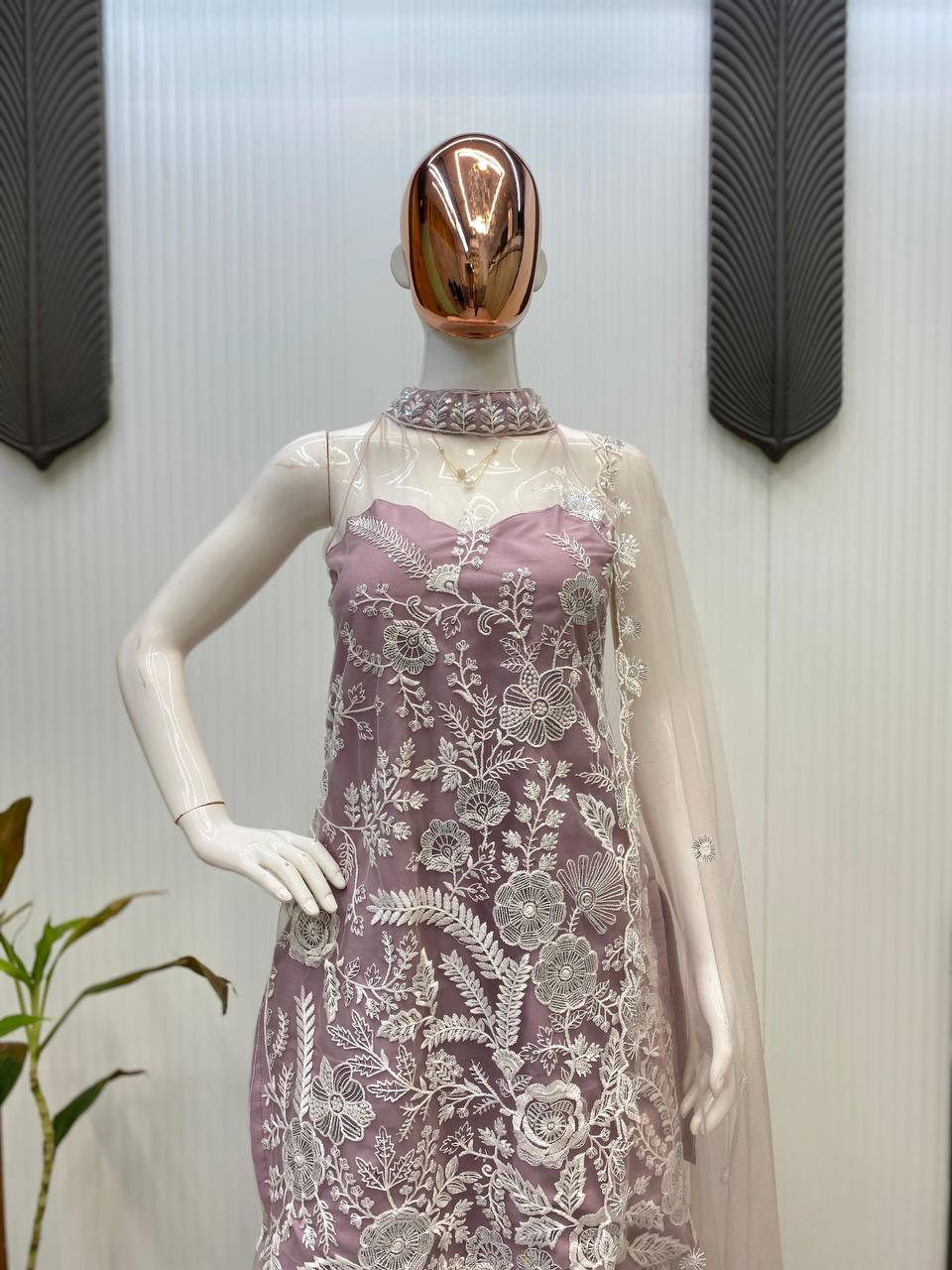 TRENDING HALTER NECK KURTA & PLAZZO SET WITH DUPATTA IN BUTTERFLY NET