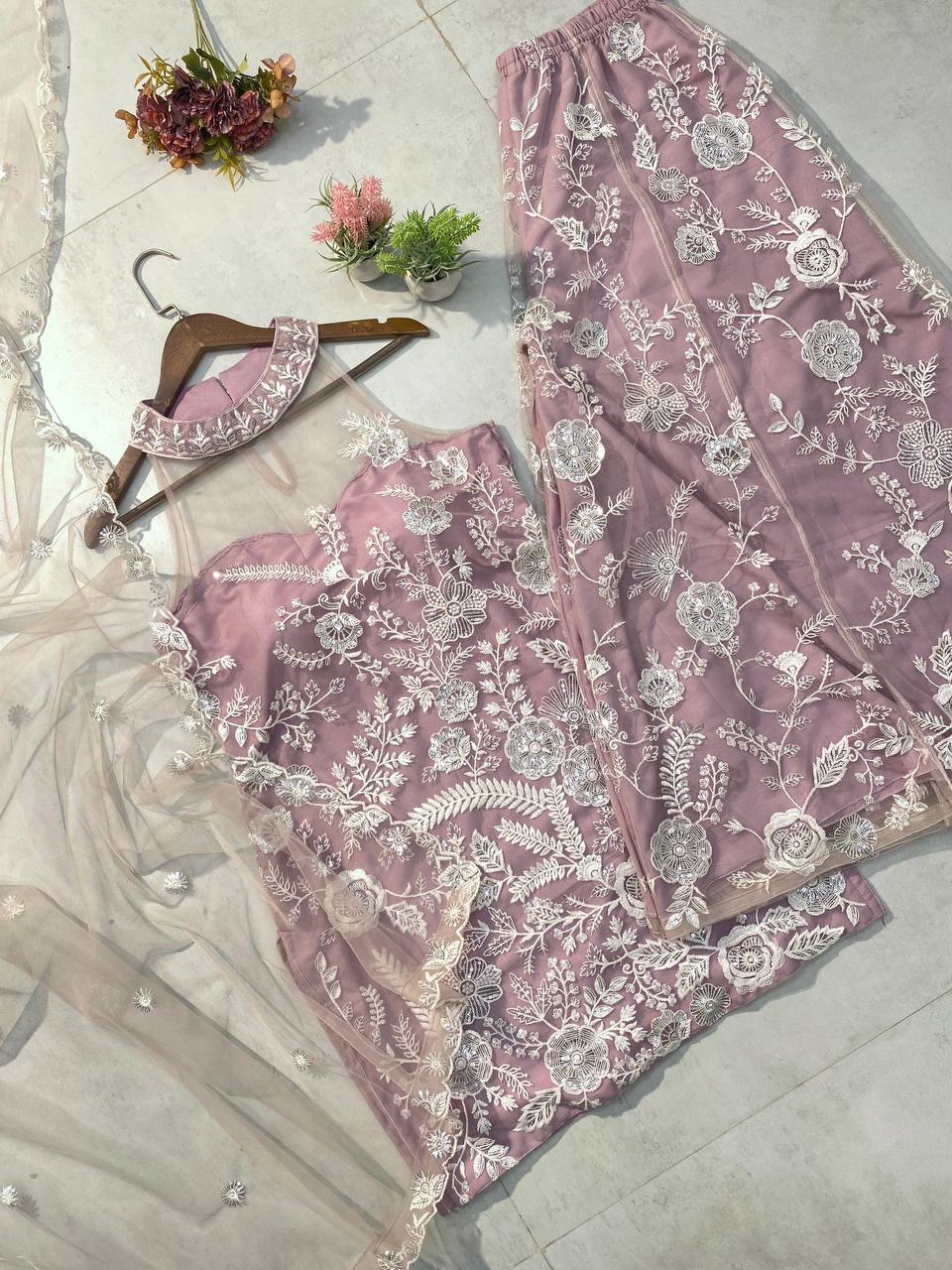 TRENDING HALTER NECK KURTA & PLAZZO SET WITH DUPATTA IN BUTTERFLY NET