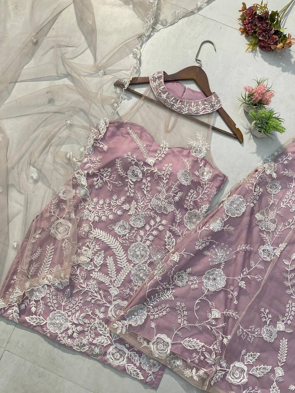TRENDING HALTER NECK KURTA & PLAZZO SET WITH DUPATTA IN BUTTERFLY NET