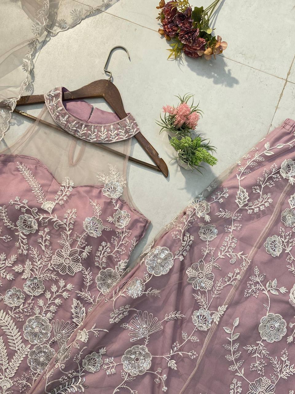 TRENDING HALTER NECK KURTA & PLAZZO SET WITH DUPATTA IN BUTTERFLY NET