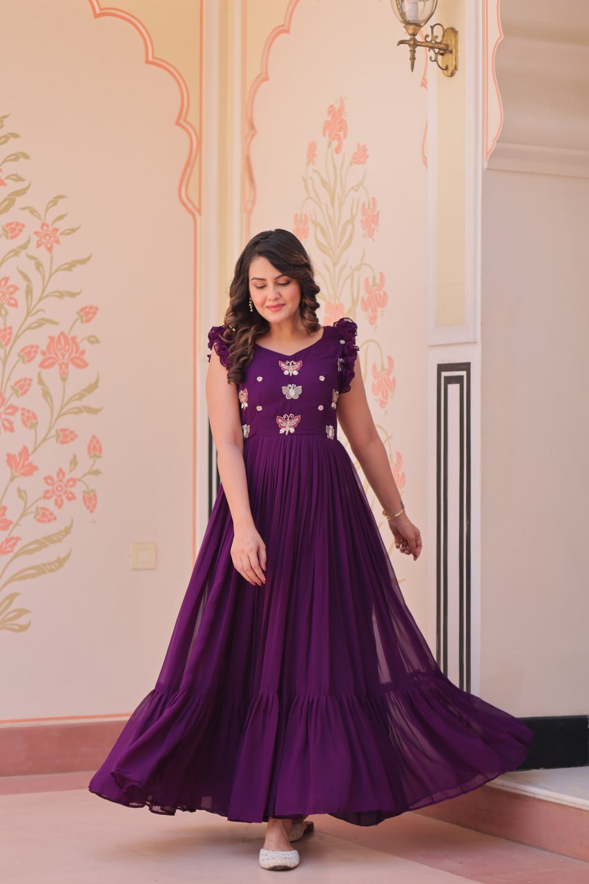STUNNING FAUX BLOOMING GOWN WITH SEQUINS & MULTITHREADED BEADS EMBROIDERY