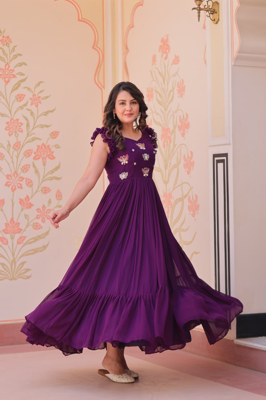 STUNNING FAUX BLOOMING GOWN WITH SEQUINS & MULTITHREADED BEADS EMBROIDERY