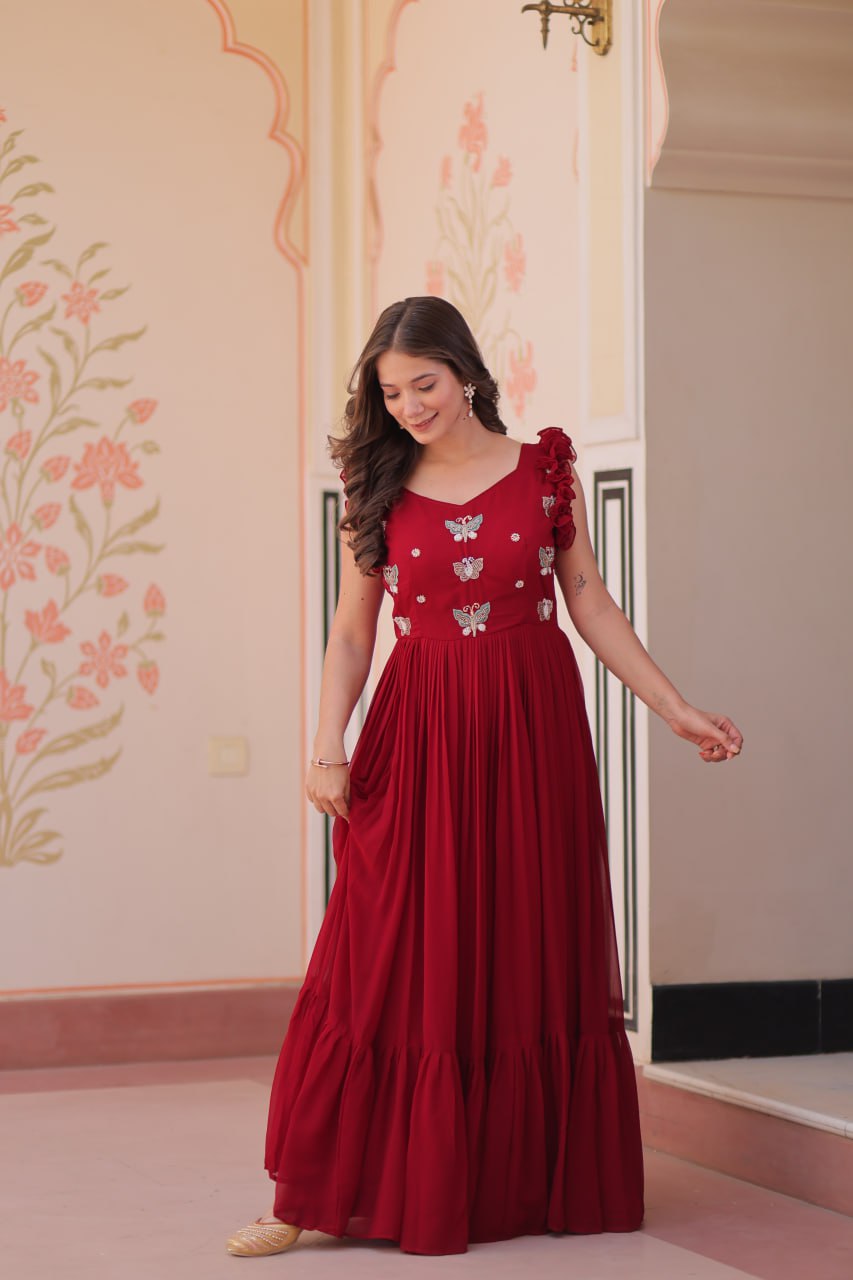 STUNNING FAUX BLOOMING GOWN WITH SEQUINS & MULTITHREADED BEADS EMBROIDERY