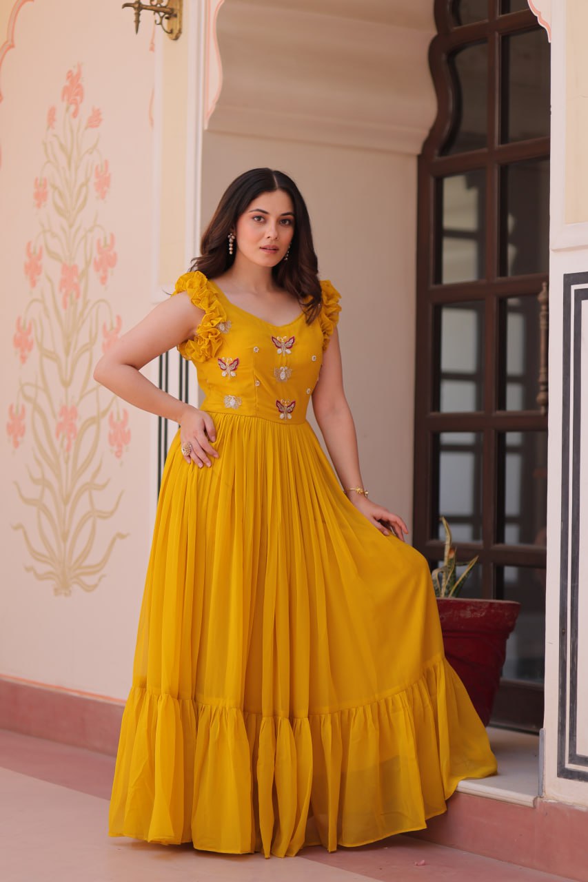 STUNNING FAUX BLOOMING GOWN WITH SEQUINS & MULTITHREADED BEADS EMBROIDERY