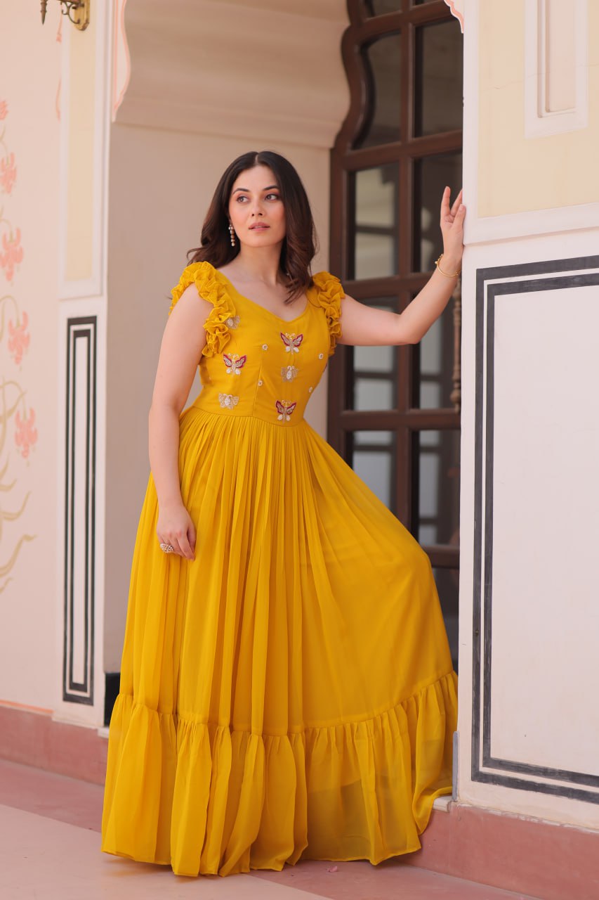 STUNNING FAUX BLOOMING GOWN WITH SEQUINS & MULTITHREADED BEADS EMBROIDERY