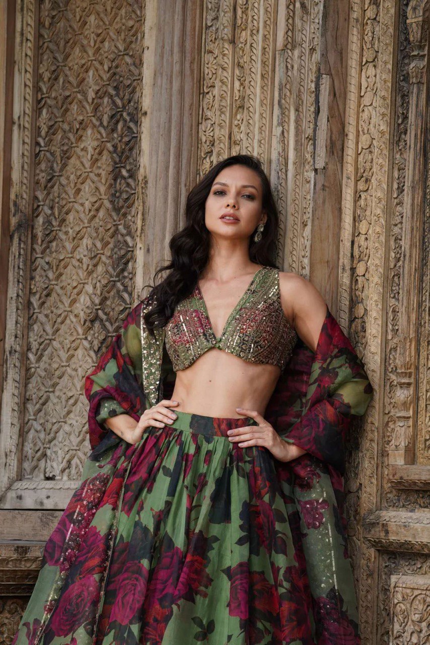 ELEGANT TABBY ORGANZA DIGITAL PRINT LEHENGA SET WITH THREAD AND SEQUIN WORK