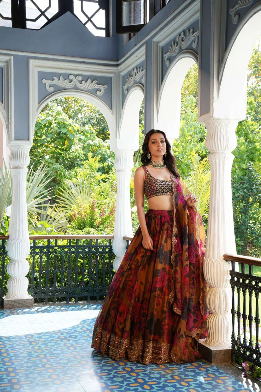 ELEGANT TABBY ORGANZA DIGITAL PRINT LEHENGA SET WITH THREAD AND SEQUIN WORK