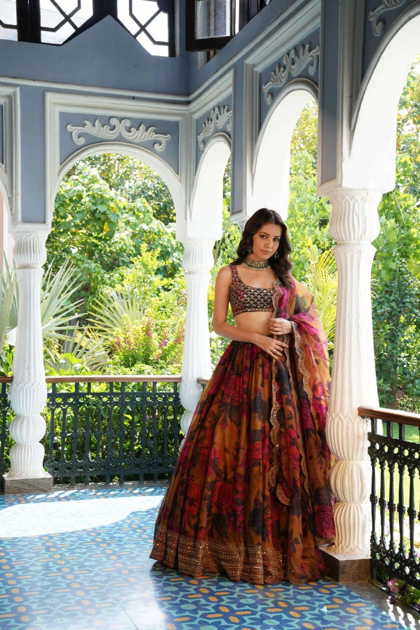 ELEGANT TABBY ORGANZA DIGITAL PRINT LEHENGA SET WITH THREAD AND SEQUIN WORK
