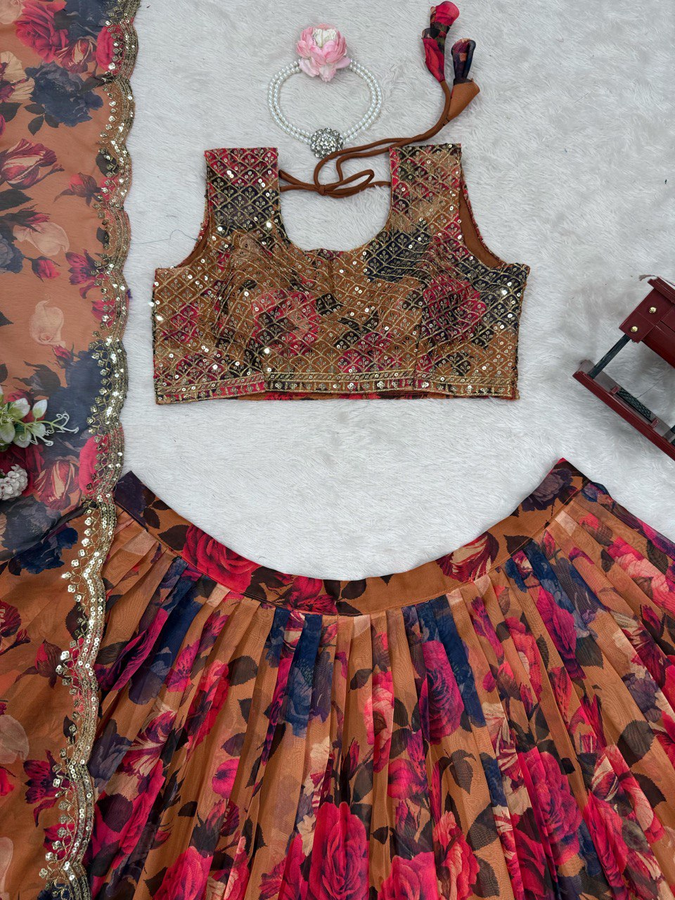 ELEGANT TABBY ORGANZA DIGITAL PRINT LEHENGA SET WITH THREAD AND SEQUIN WORK