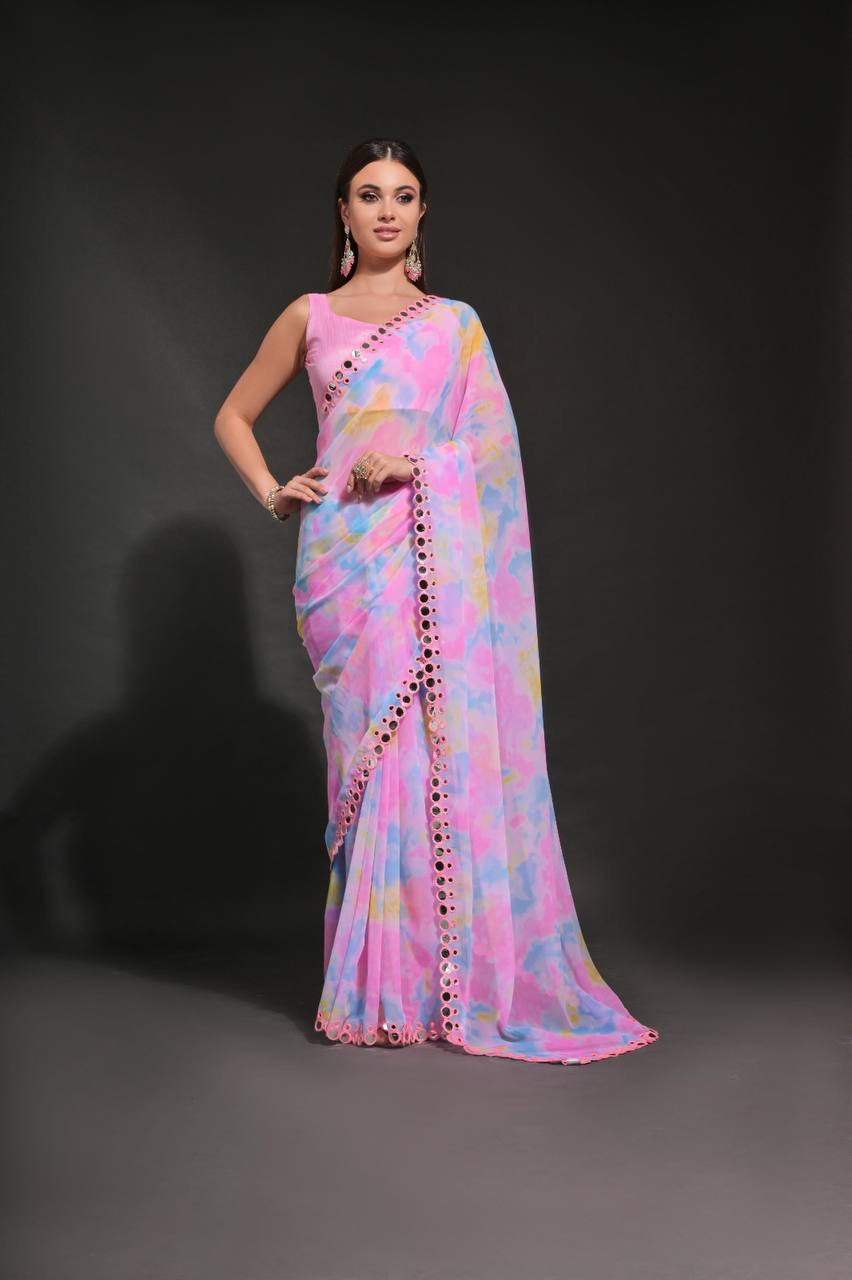 DESIGNER CHIFFON GEORGETTE SAREE WITH PRIZAM PRINT &FOIL MIRROR EMBROIDERY WORK