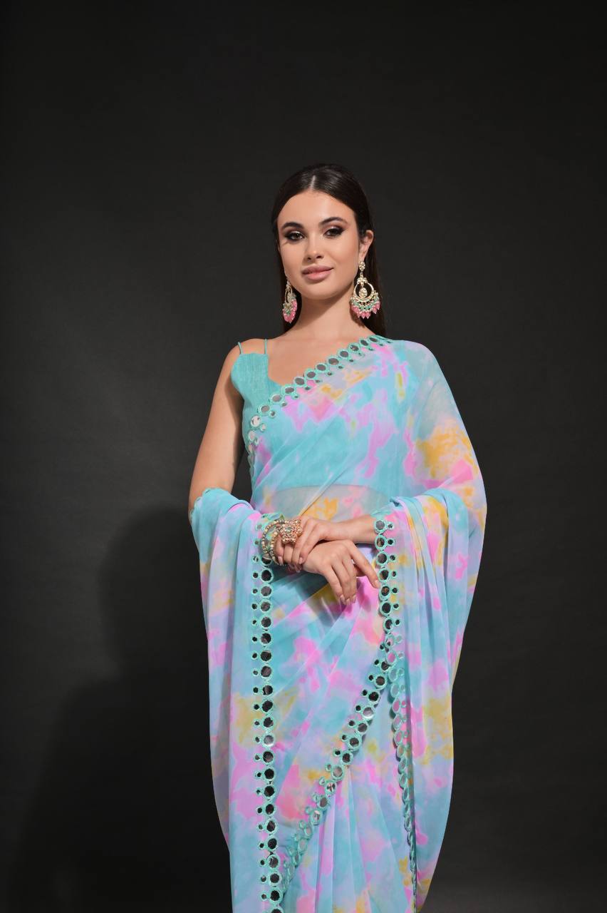 DESIGNER CHIFFON GEORGETTE SAREE WITH PRIZAM PRINT &FOIL MIRROR EMBROIDERY WORK