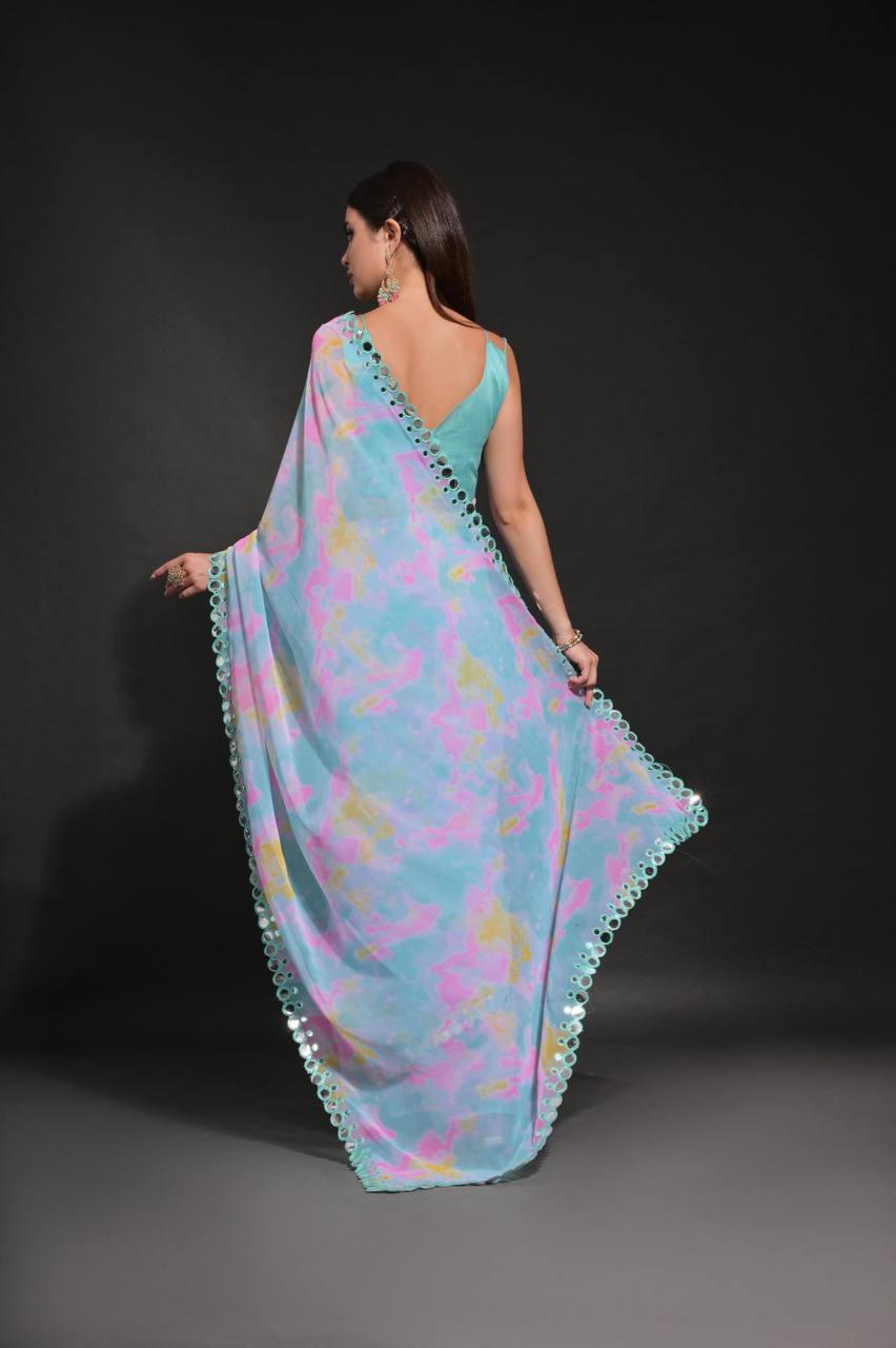 DESIGNER CHIFFON GEORGETTE SAREE WITH PRIZAM PRINT &FOIL MIRROR EMBROIDERY WORK