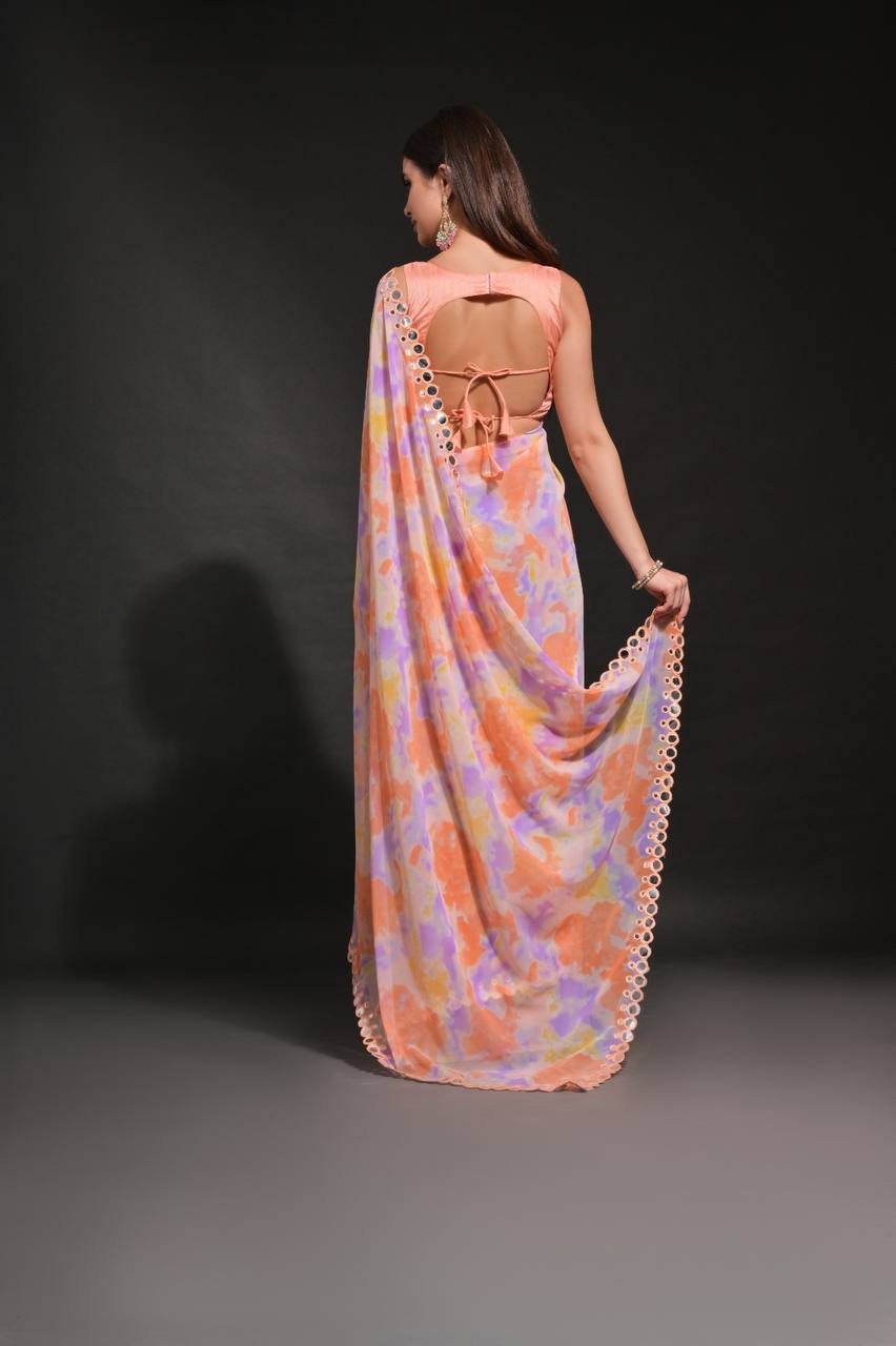DESIGNER CHIFFON GEORGETTE SAREE WITH PRIZAM PRINT &FOIL MIRROR EMBROIDERY WORK
