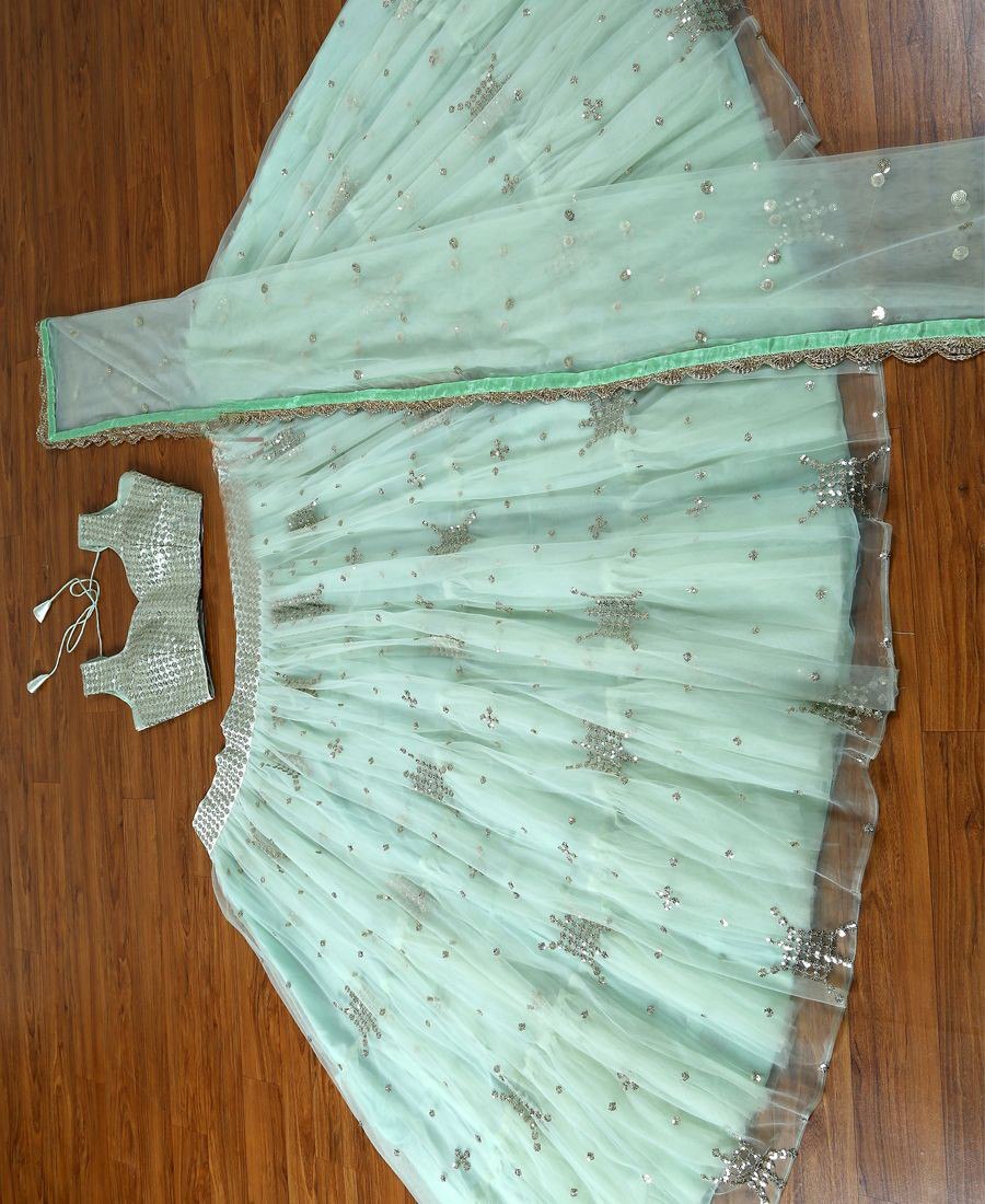 PREMIUM HEAVY BUTTERFLY NET LEHENGA CHOLI WITH SEQUENCE WORK & RUFFLE FLAIR