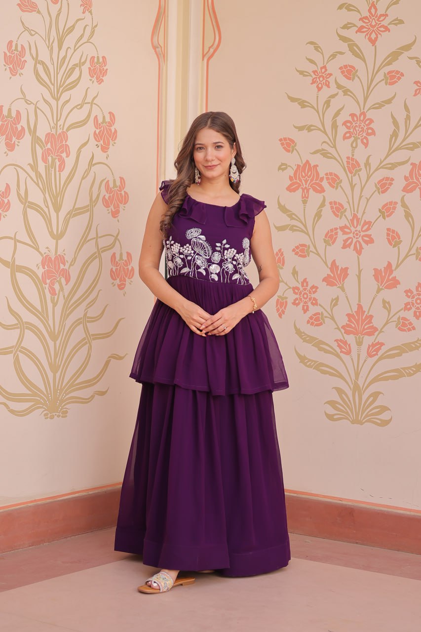 DESIGNER FAUX BLOOMING GOWN WITH BEADS EMBROIDERY – ELEGANCE IN EVERY FOLD
