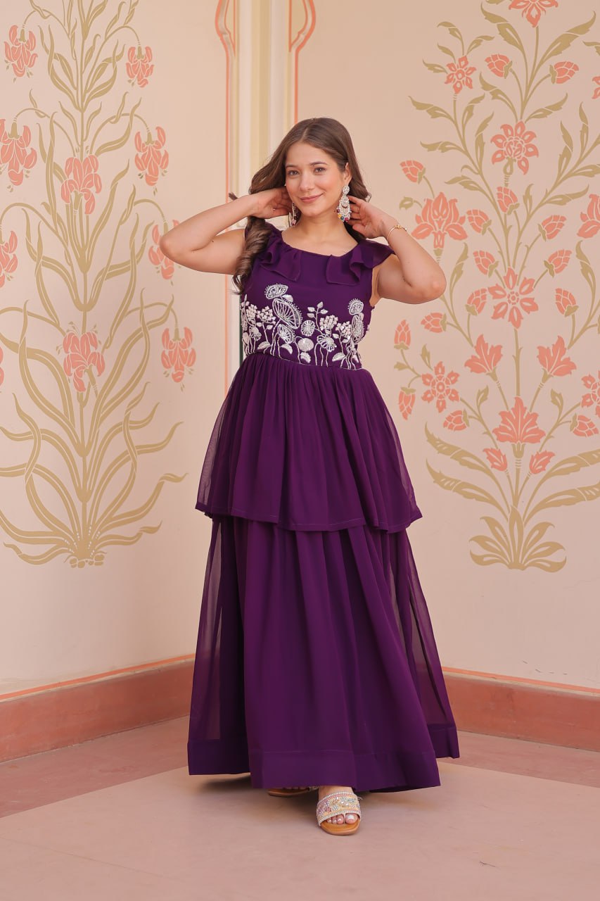 DESIGNER FAUX BLOOMING GOWN WITH BEADS EMBROIDERY – ELEGANCE IN EVERY FOLD