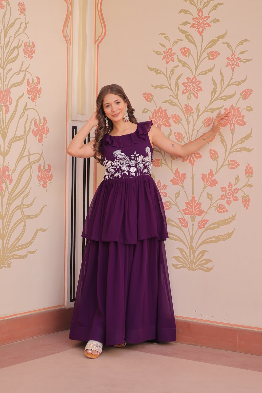 DESIGNER FAUX BLOOMING GOWN WITH BEADS EMBROIDERY – ELEGANCE IN EVERY FOLD