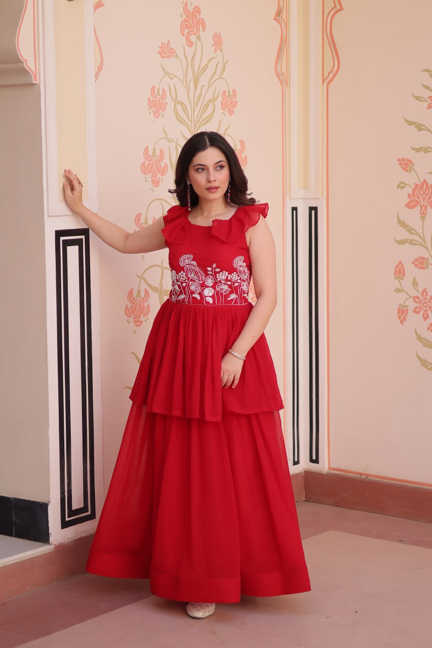 DESIGNER FAUX BLOOMING GOWN WITH BEADS EMBROIDERY – ELEGANCE IN EVERY FOLD