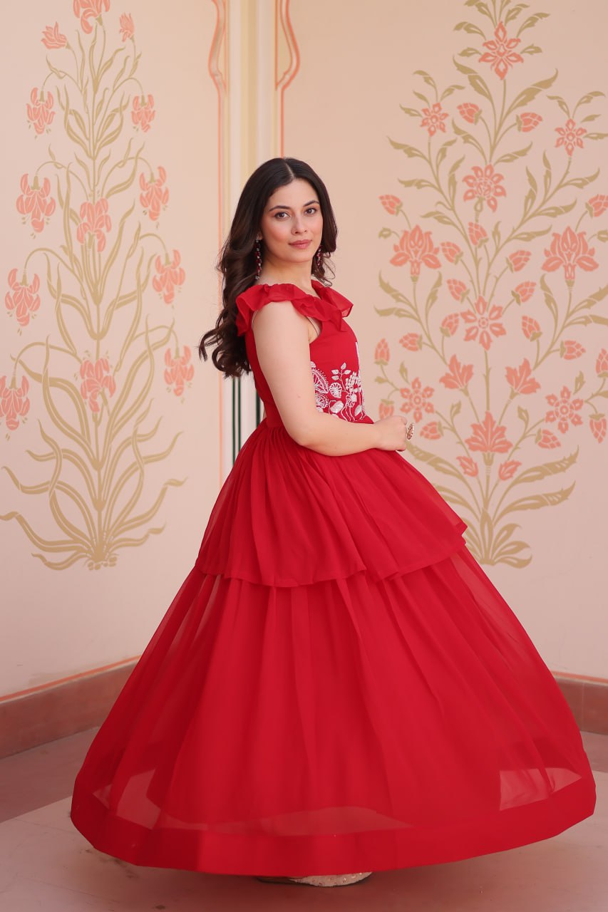 DESIGNER FAUX BLOOMING GOWN WITH BEADS EMBROIDERY – ELEGANCE IN EVERY FOLD