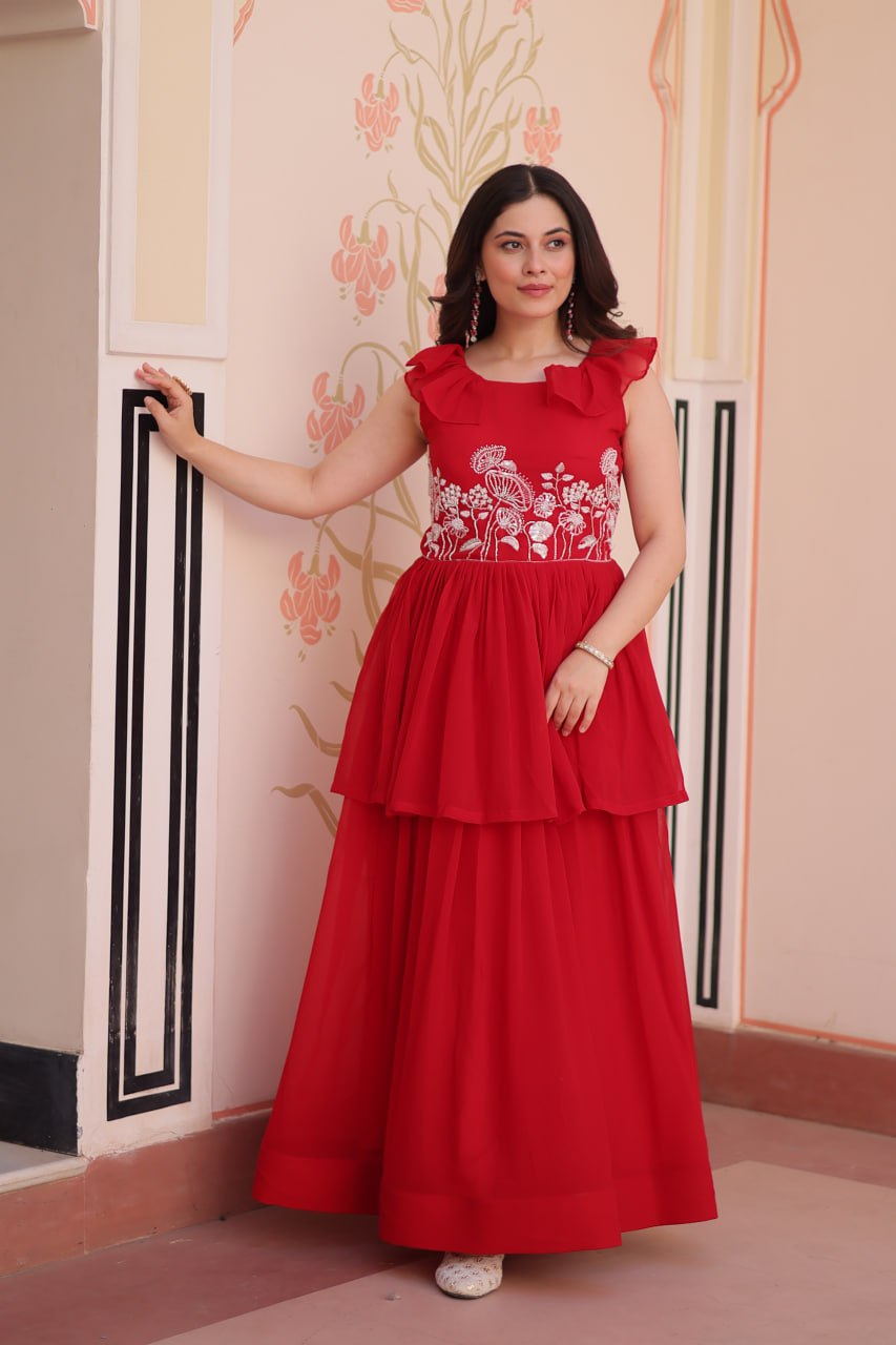 DESIGNER FAUX BLOOMING GOWN WITH BEADS EMBROIDERY – ELEGANCE IN EVERY FOLD
