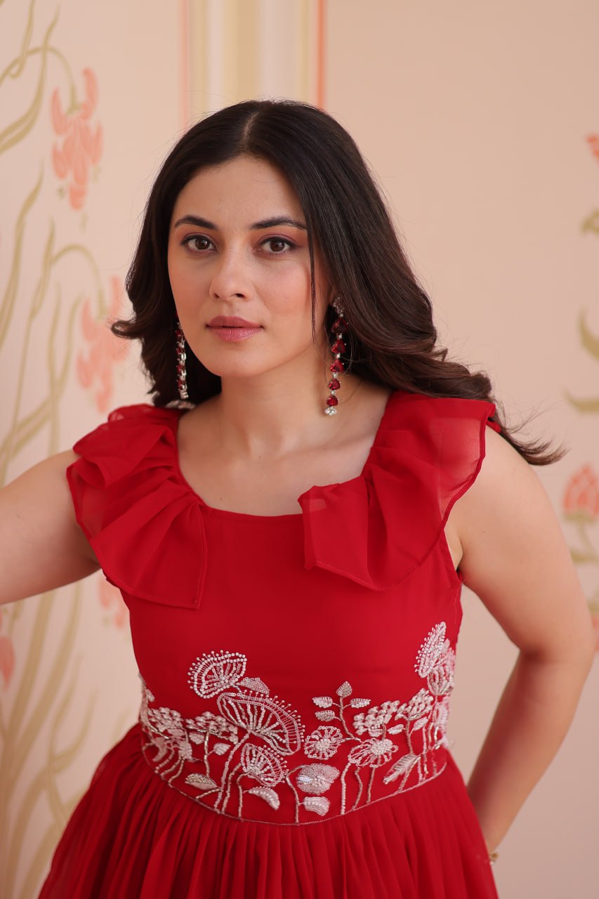 DESIGNER FAUX BLOOMING GOWN WITH BEADS EMBROIDERY – ELEGANCE IN EVERY FOLD