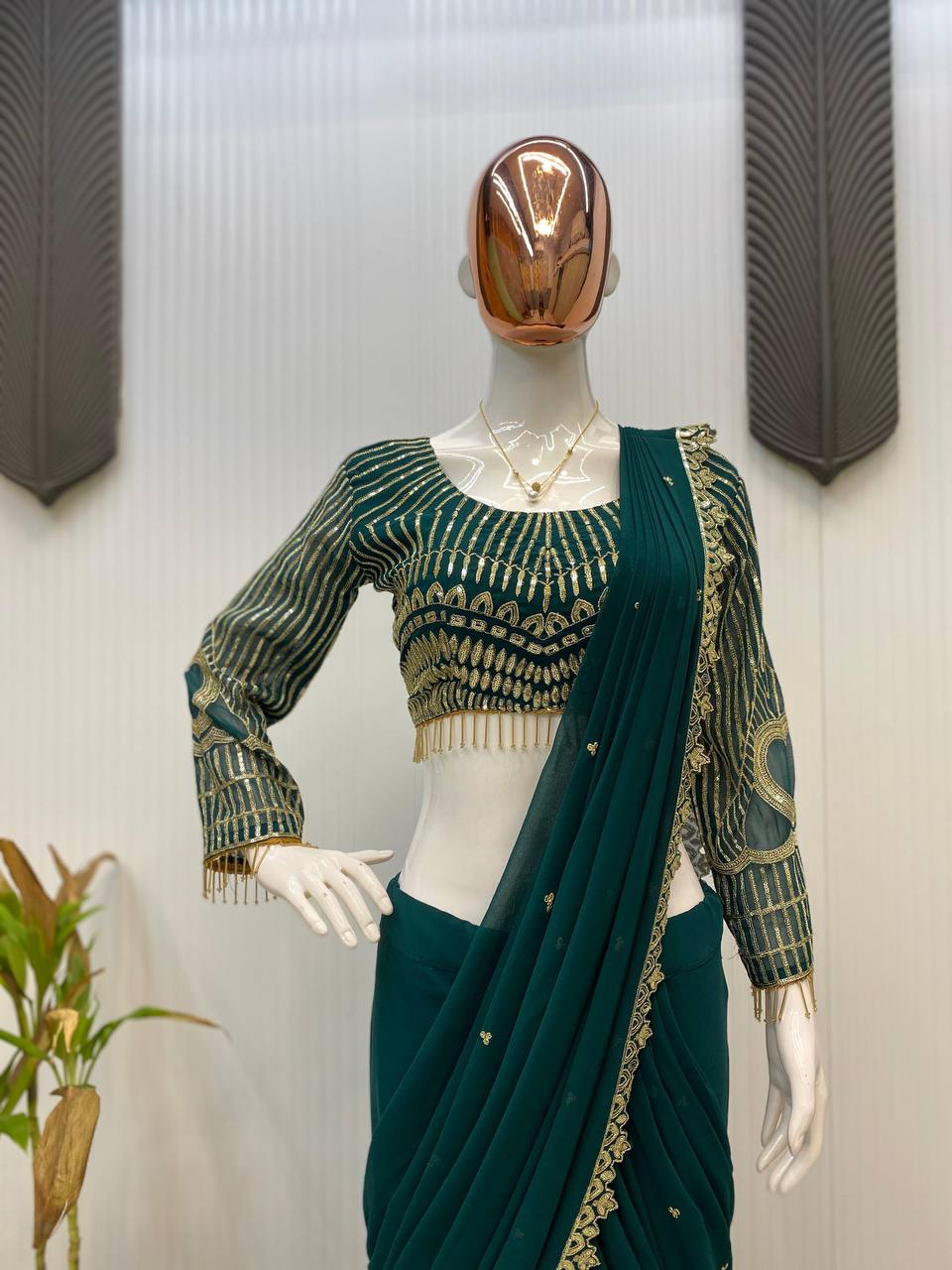 NEW READY-TO-WEAR RUFFLE LEHENGA SAREE WITH FULL SLEEVE BLOUSE & SEQUENCE EMBROIDERY