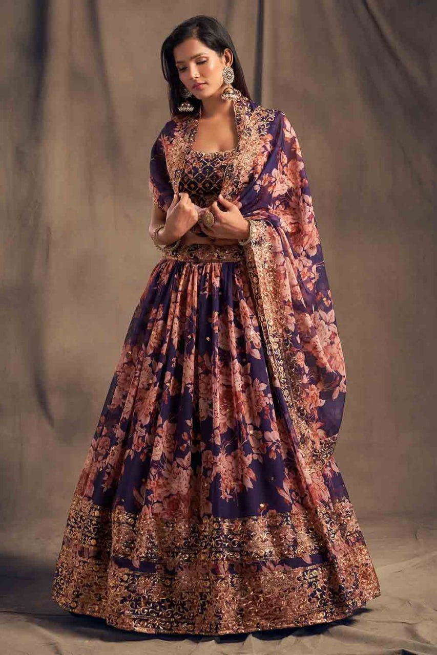 PREMIUM HEAVY ORGANZA SILK LEHNGA CHOLI WITH DIGITAL PRINT AND ZARI SEQUENCE EMBROIDERY