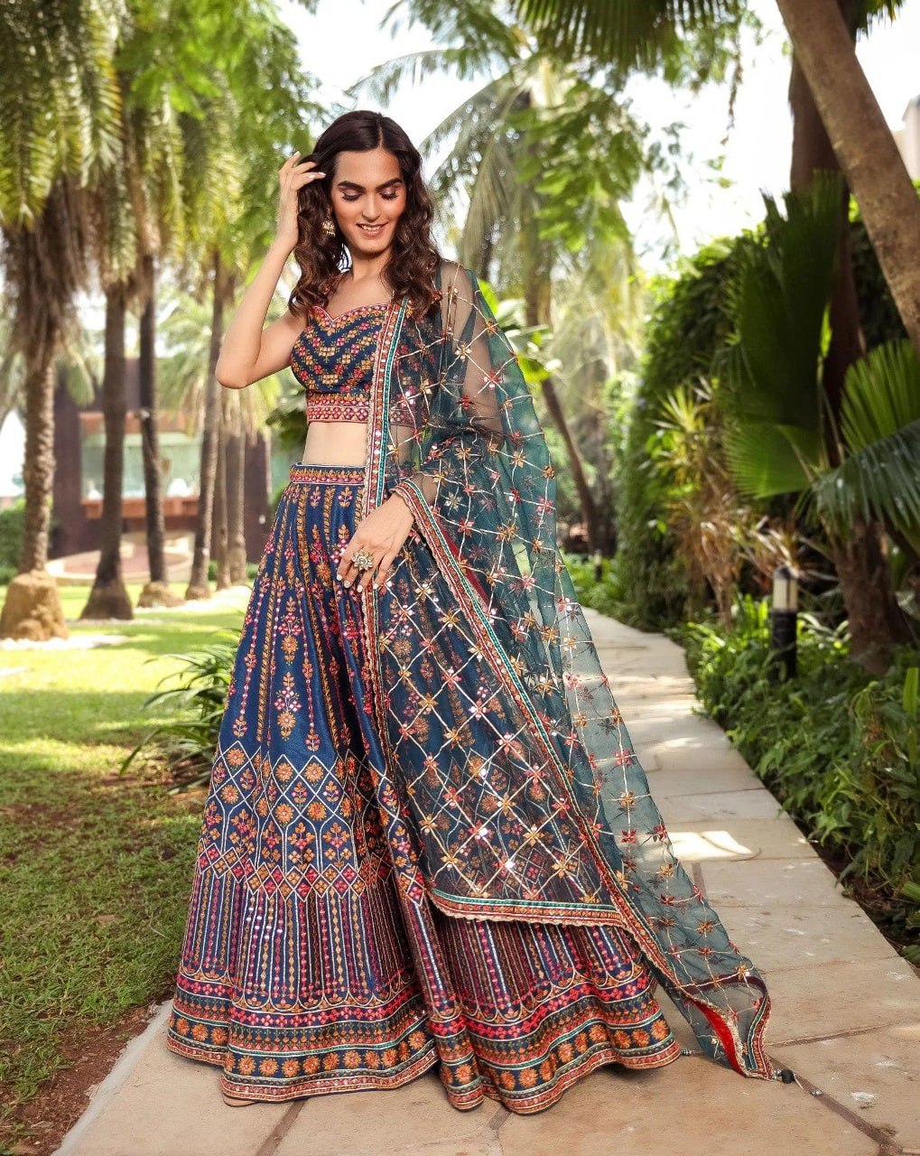 ELEGANT CHINON LEHENGA CHOLI SET WITH INTRICATE SEQUINS & JARI EMBROIDERY