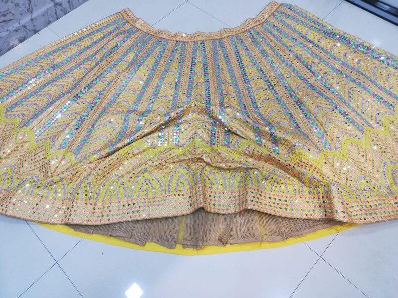 DESIGNER YELLOW HEAVY DOLA SILK LEHENGA SET WITH MULTI-COLOR EMBROIDERY & SEQUINS WORK