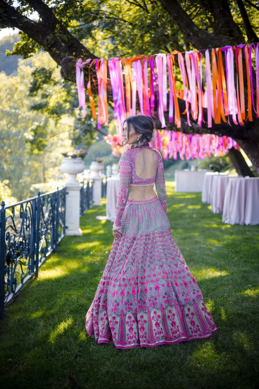 DESIGNER MULTI-COLOR FAUX GEORGETTE LEHENGA SET WITH 3MM SEQUINS, THREAD & JARI EMBROIDERY