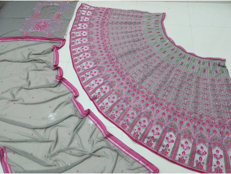 DESIGNER MULTI-COLOR FAUX GEORGETTE LEHENGA SET WITH 3MM SEQUINS, THREAD & JARI EMBROIDERY